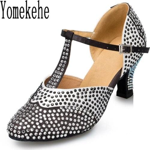 Women Professional Dancing Shoes Modern Ballroom Latin Dance Shoes Heeled Rhinestones Ladies Girls Tango Satin Hot Selling 6/8CM