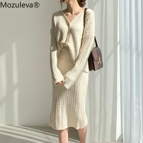 Mozuleva Stylish Women Knitted 2 Pieces Set Office Ladies V Neck Short Cardigan + High Elastic Waist Bodycone Skirts Suit Sets