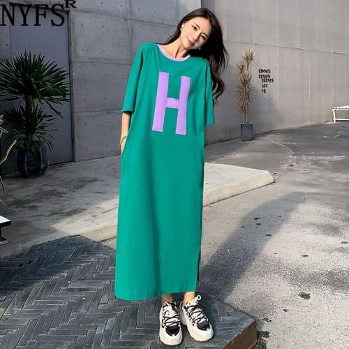 NYFS Summer Dress 2021 Korean New Short Sleeve Woman Dress Vestidos Robe Elbise Fashion Pure cotton Patch letters Long Dress