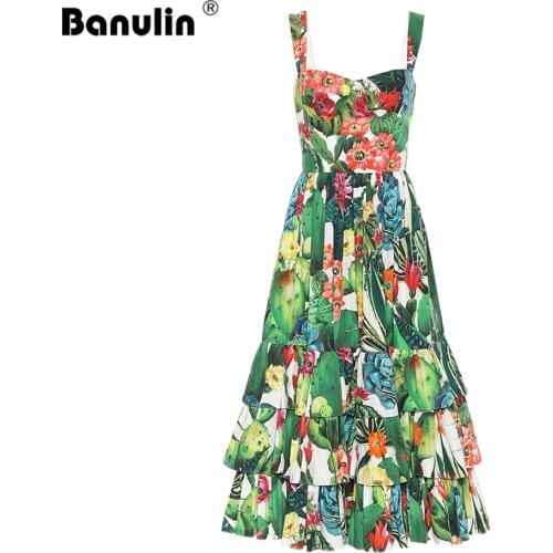 Runway Summer Sexy Spaghetti Strap Cotton Dress Women Tropical Jungle Florl Print Blackless Cascading Ruffle Beach Midi Dresses