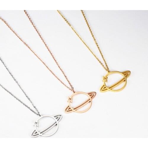 Stainless Steel Galaxy Saturn Planet Pendant Necklace Star Universe Celestial Outer Space for Women Collares Minimalist Jewelry