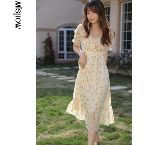 MISHOW Chiffon Dress Women 2021 Summer Korean Puff Sleeve Ruffles Sweet A-line Elegant Floral Dresses Midi Vestidos MXA24L0144