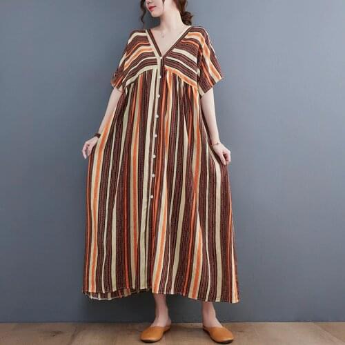 2021 New Thin Soft Cotton Linen Loose Summer Dress Single Breasted Print striped Women Holiday Travel Casual Beach Style Dress