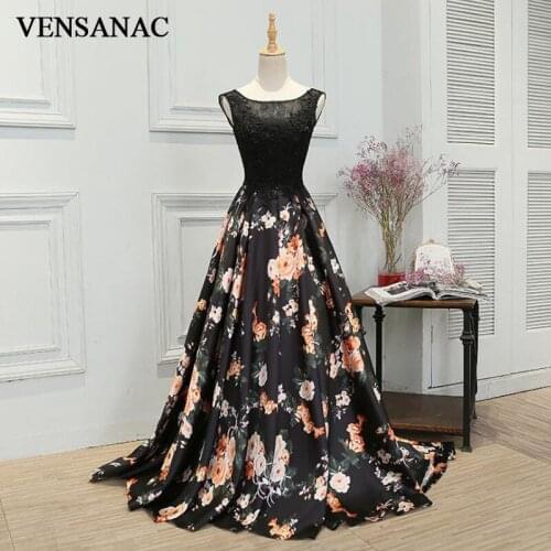 VENSANAC 2020 A Line Embroidery O Neck Long Evening Dresses Lace Party Elegant Floral Print Sweep Train Prom Gowns