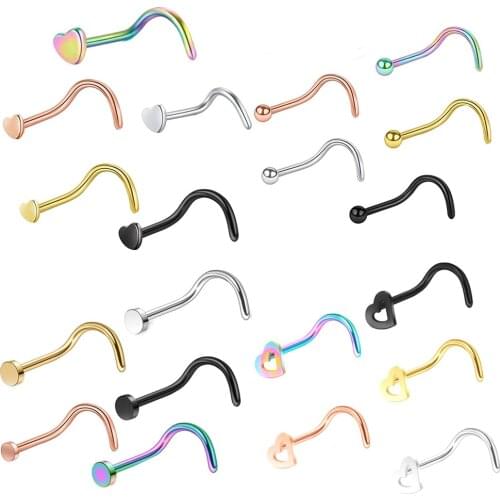 5pcs/lot Stainless Steel Heart Ball Flat Nose Studs Hooks Bar Pin Nose Rings Body Piercing Jewelry For Women drop shipping