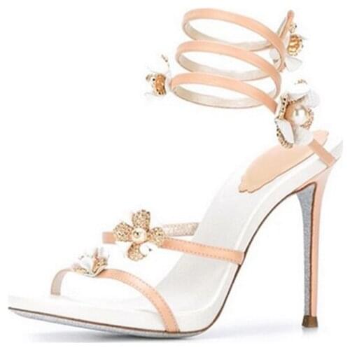 Summer Gladiator Flower Straps Leg Twined Sandals Women Pearl Beads Party One Strap High Heel Sandals Strappy Wedding Shoes