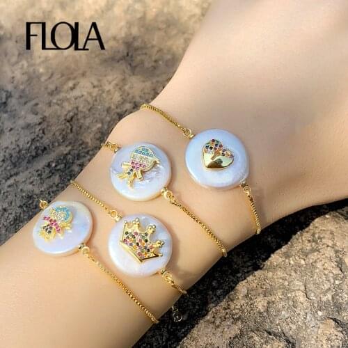 FLOLA Bohemian Natural Shell Bracelet Gold Filled Zircon Girl Boy Rainbow Bracelet Shell Jewelry Tennis pulsera de concha brtb76