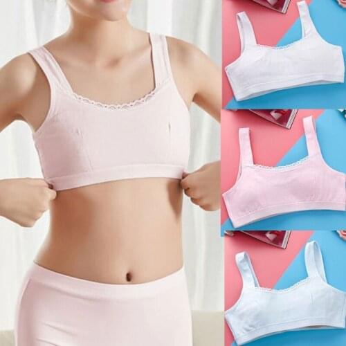 Girls Cotton Cami Crop Top Solid Color Wide Strap Lace Training Bra Bralette 69HE