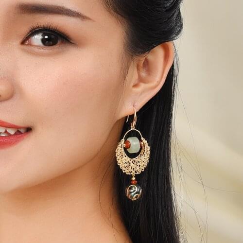 Chinese Wind glass glazed jewelry dangle earrings, New Original Ethnic Aventurine copper flowers earrings