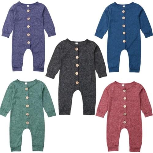 0-24M Toddler Newborn Baby Boy Girl Clothes Solid Cotton Romper Jumpsuit Long sleeve Button One Piece Playsuit Clothes