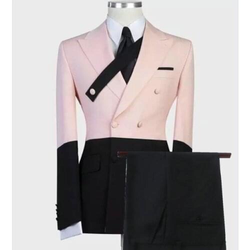 Custom Made Pink And Black Men Suit Double Breasted (Jacket+Pant+Tie) Groom Tuxedos Groomsmen Wear Wedding Blazer Suits For Men