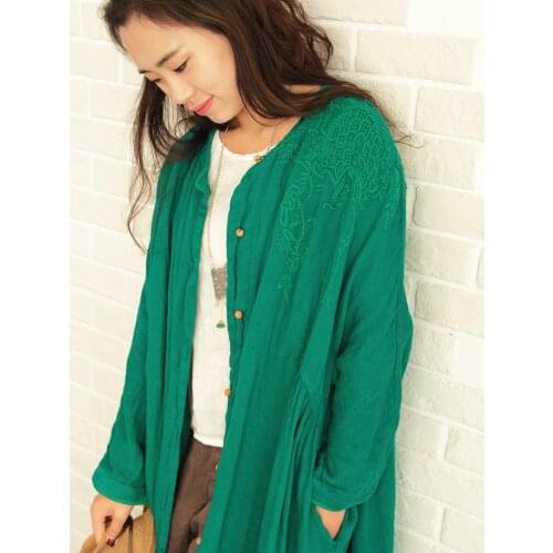Linen shoulder hand embroidered peacock robe loose and thin cotton linen long sleeve womens long windbreaker coat 0512