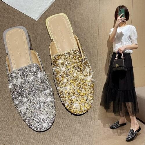 Bling Bling pearl mules women sandals summer shoes woman flip flops cover toe glitter slides low heels beads paillette slippers