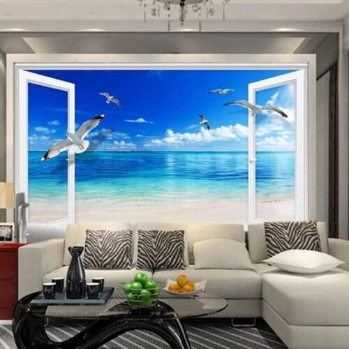Custom Any Size Mural Wallpaper 3d Mural For Living Room Blue Sky, White Clouds, Beach TV Background Wall Mural 3D Wallpaper