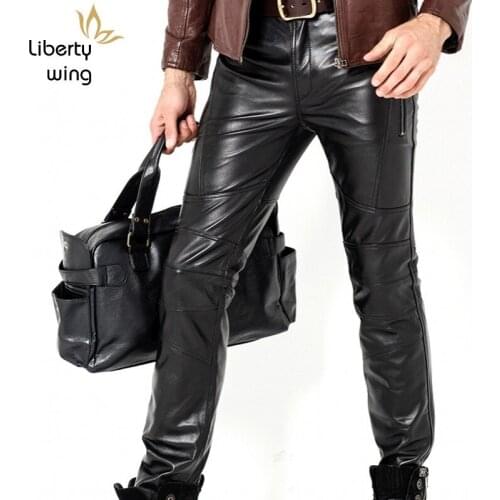 Genuine Male Goat Tight Leather Straight Slim Windproof Motorcycle Mens New Fashion Full Pants Plus Size 36