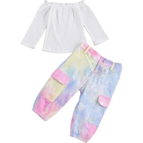 New Baby Girls Casual Suit Solid Boat Neck Long Sleeve Ribbing Elastic Top Leopard Camouflage Tie Dye Loose Trousers Set