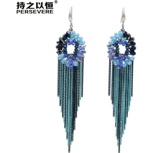 Luxury designer Handmade Crystal Beaded Chain Long Tassel Earrings with stones Statement womens Fashion Bohemian charm Jewelry