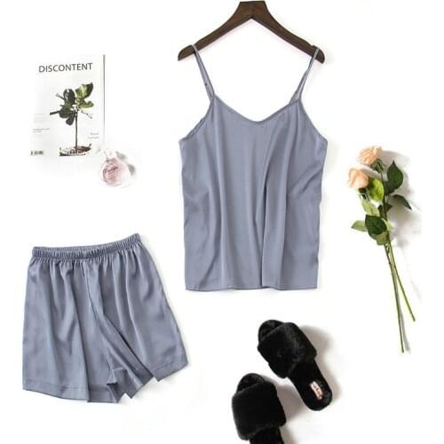 Sexy V-Neck Strap Top&Short 2PCS Pajamas Set Female Casual Faux Silk Nightwear Summer New Home Clothes Loose Sleepwear M-XXL