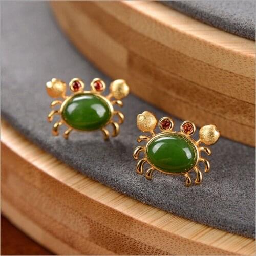 Silver inlaid natural Hetian jade small crab Earrings Chinese style retro fresh romantic dull Cute Charm womens jewelry