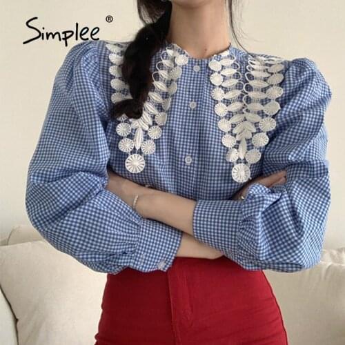 Simplee Casual Pastoral Plaidge Women Autumn Blouse Doll Collar Stitching Ladies Tops Full Puff Sleeves Female Blue Blouse