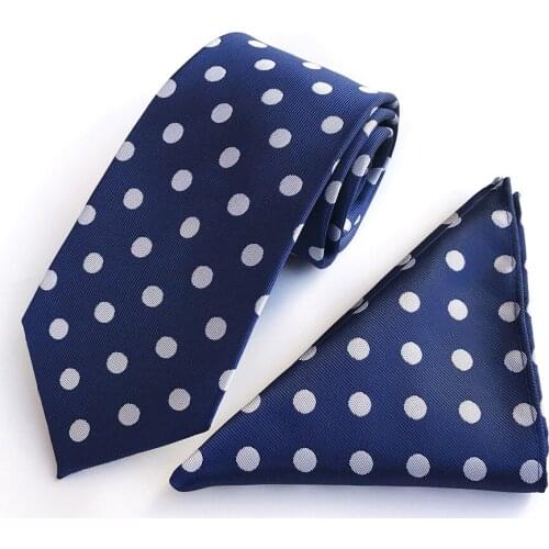 Blue with White Big Dots Men Necktie Set Fashion Polka Dot Ties Pocket Square Sets for Wedding