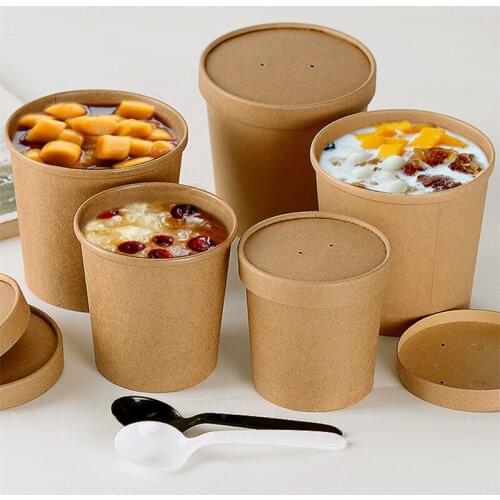 Thick kraft paper cup disposable soup fruit dessert packing cups round pattern fast food leakproof takeaway package with lids