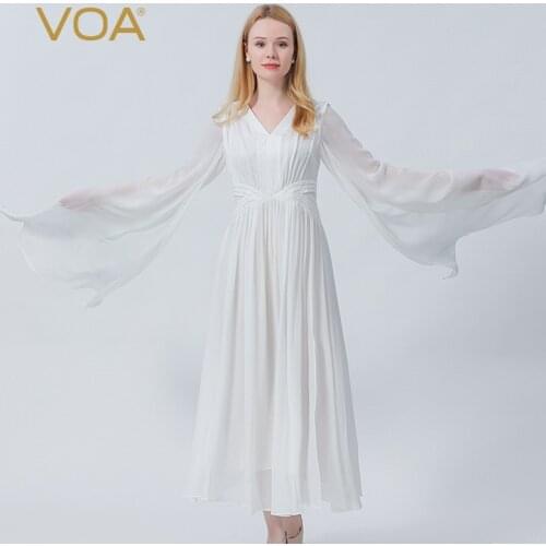 VOA 100% Silk Jacquard Ivory White Party Prom Dress V-neck Georgette Stitching Flying Sleeves Elegant Dresses for Women AE1000