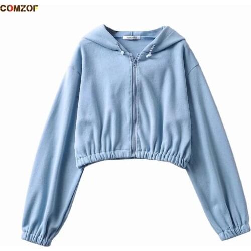 High Quality Women Short Zip Up Hoodie Korean Long Sleeve Crop Tops Harajuku Drawstring Loose Sweatshirt Ropa Mujer
