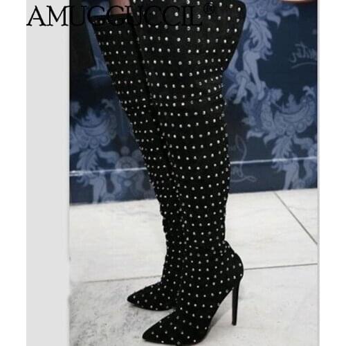 2021 New Plus Big Size 35-47 Black Crystal Fashion Sexy Thigh High Heel Over The Knee Autumn Winter Female Lady Women Boot X1922