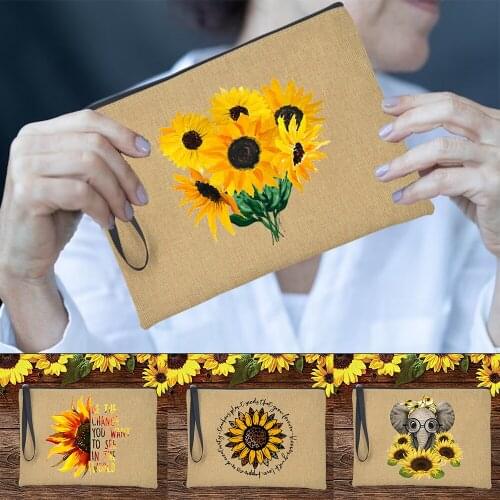 Sunflower Teacher Women Clutch Bag Fashion Casual Linen Cosmetic Makeup Pouch Handbag Lipstick Pencil Orange Female Teacher Gift