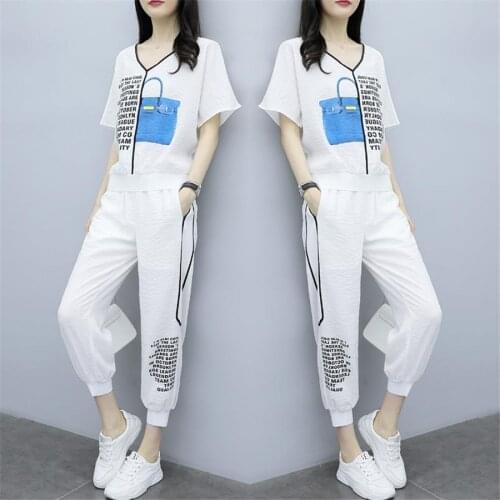 Tracksuit Women Two Piece Soft Set spring summer Streetwear Short Sleeve Crop Top + Pants Sport Matching Outfit