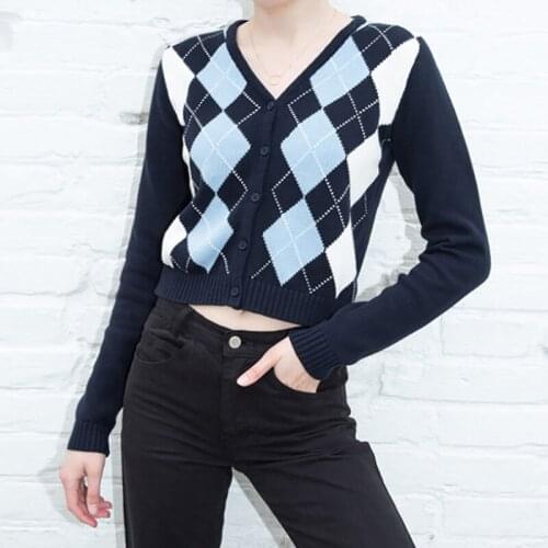 Women Vintage Knitted Cardigan Sweaters Autumn Argyle Pattern Long Sleeve V-neck Single-breasted Sweater Spring Female Knitwear
