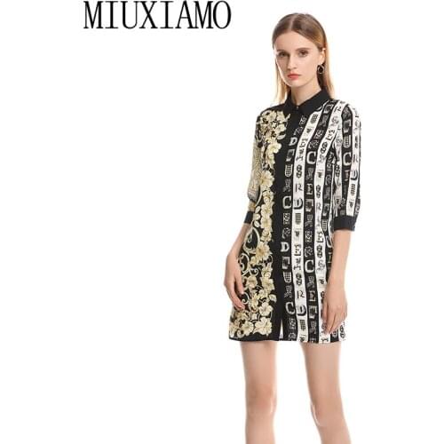 MIUXIMAO 2019 Spring&Summer Dress New Arrival Letter FloralPrint Eleghant Turn-down Collar Silk Casual Dress Women vestido