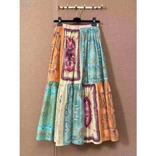 2021 Fashion Runway Summer Cotton Skirt Women High Waist Color Patchwork Beautiful Print Pleated Long Skirts