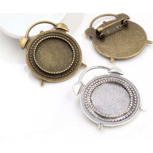 5pcs 20mm Inner Size Antique Silver Plated And Bronze Brooch Pin Alarm clock Style Cabochon Base Setting