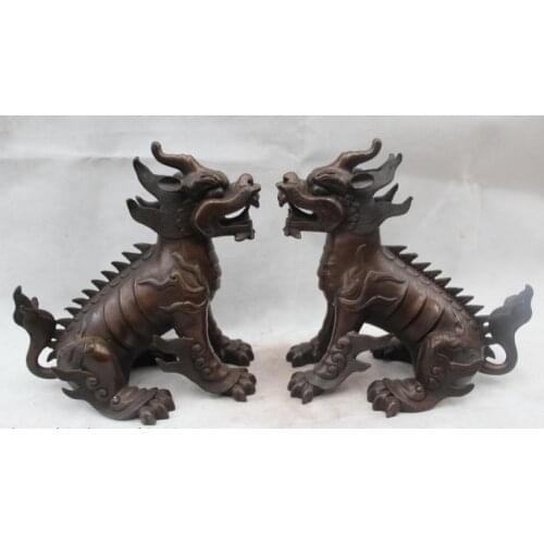 Bi001403 9"Lucky Chinese Bronze Fly Dragon unicorn Kylin Chi-lin Qilin Statue Pair