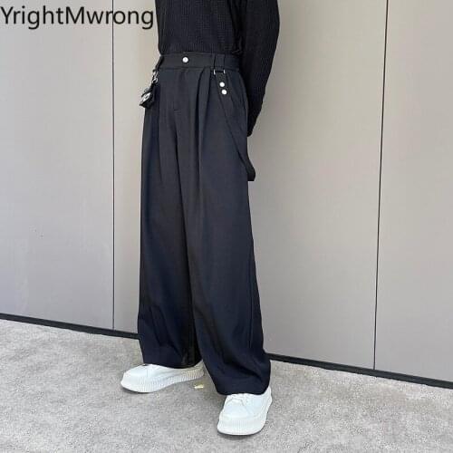 Techwear One Shoulder Strap Back Elastic Band High Waist Loose Straight Pant Japanese Men Hip Hop Trouser Fashion Streetwear New