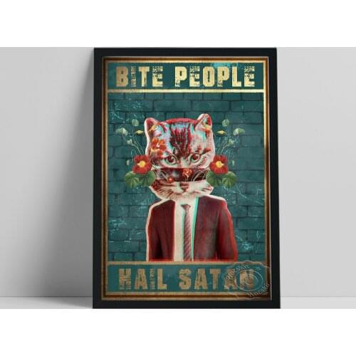 Funny Cat Animal Poster, Vintage Suit Cat Flower Leaf Wall Painting, Bar Pub Club Home Decor, Spoof Bite People Cat Wall Sticker