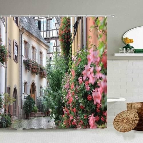 European And American Rural Ttown Street Lane Idyllic Flower Natural Scenery Shower Curtain Retro Architectural Bathroom Screen