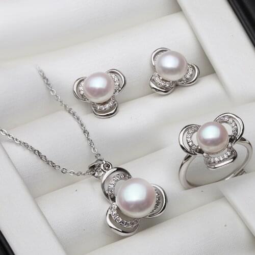Hot Selling Freshwater White Pearl 925 Sterling Silver Necklace Stud Earring Jewelry Sets For Women Girl For Gifts