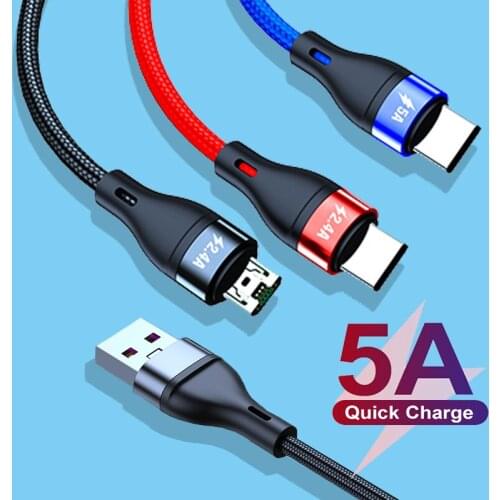 5A USB Type C Phone Charger Cable 3 In 1 Micro USB Type C Wire USB C Sync Data Cord For iPhone 12 Pro Max Xiaomi 11 Huawei P40