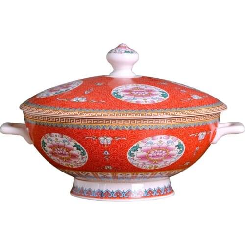 Jingdezhen Ceramic large capacity soup bowl with cover double ear Chinese Bone China soup pot pot antique tableware soup bowl