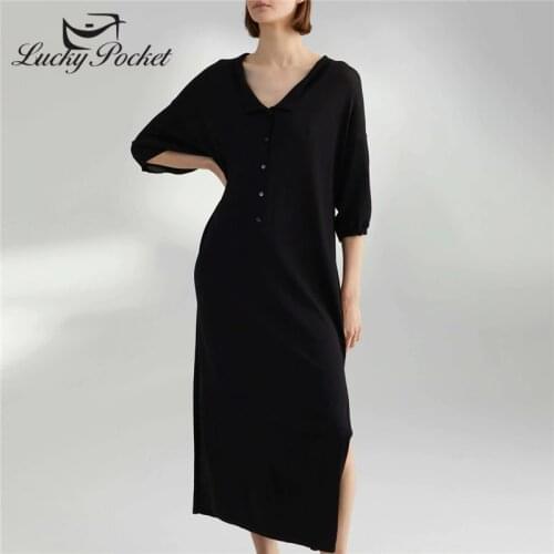 Summer Women New Half sleeve Solid Color Button Wool Polo Long Dress Female Black Plus Size Vestidos Ladies Casual Dresses ZM90