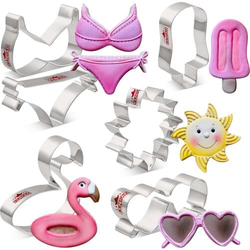 KENIAO Summer Beach Cookie Cutter Set - 6PCS - Flamingo Float, Popsicle, Sun and Sunglasses ,Bikini SetCutter - Stainless Steel