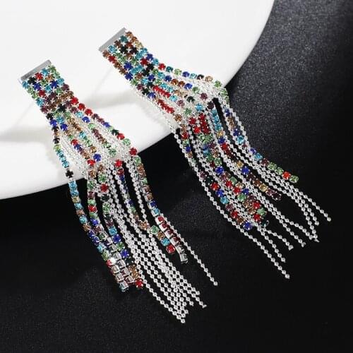 Hot Sale Full Shiny Rhinestone Long Chain tassel Dangle Earrings for Women Fashion Jewelry Trendy Ladys Statement Earrings E646