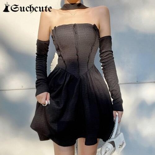 SUCHCUTE Off Shoulder Sexy Mini Dress With Gloves Women Evening Clubwear Outfits Halter Backless Gothic Dresses Vintage Clothes