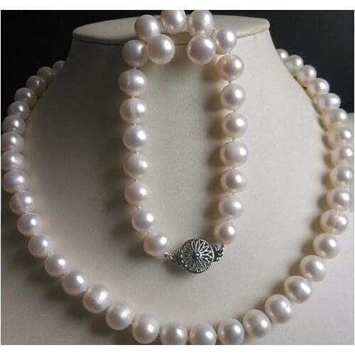 Perfect Pearl Jewelry Set 9-10MM White Freshwater Pear Necklace Bracelet Earrings Set