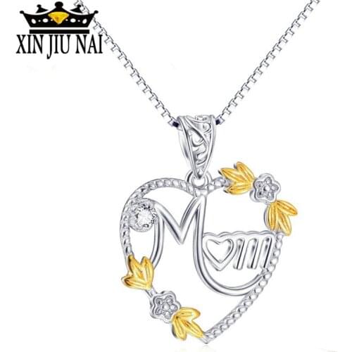 Real white gold filled heart Crystal CZ Stone Mother Pendants Necklaces for Monthers Day Gift Jewelry With Chain name necklace