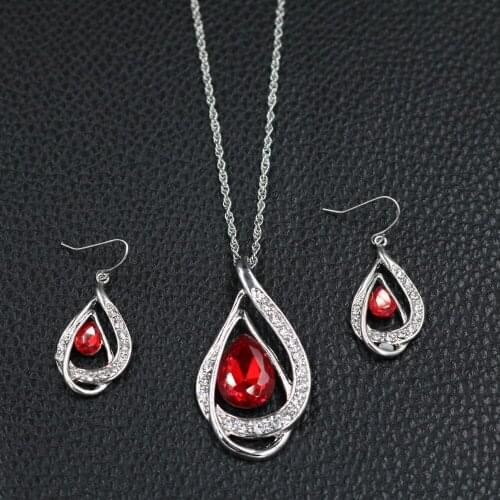 Charm Silver Plated Red Teardrop Crystal Pendant Necklace Earrings Set Women Wedding Jewelry Sets Party Costume Accessories
