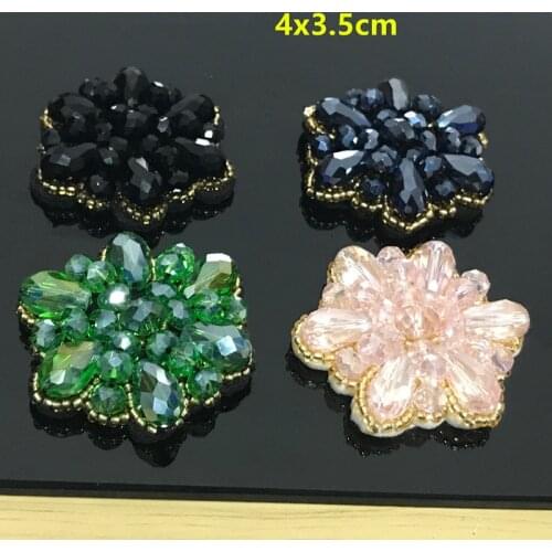 Green Pink Flower Rhinestone Sew On Patches For Clothing Patch Appliques Crystal Motifs For Shoes and Hats Clothes